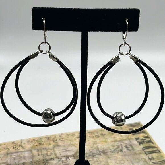 Double Leather Corded Dangling Earrings w/ Silver-Tone Bead Choice of Closure - Picture 12 of 14